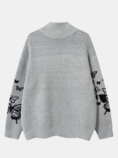 Butterfly Print Zip-Up Knit Sweater