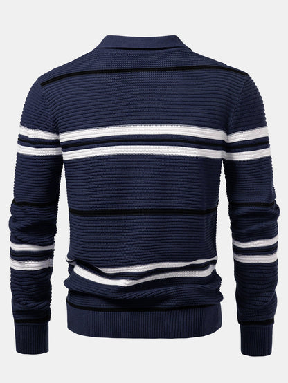 Striped Textured Zip Knit Polo Shirt