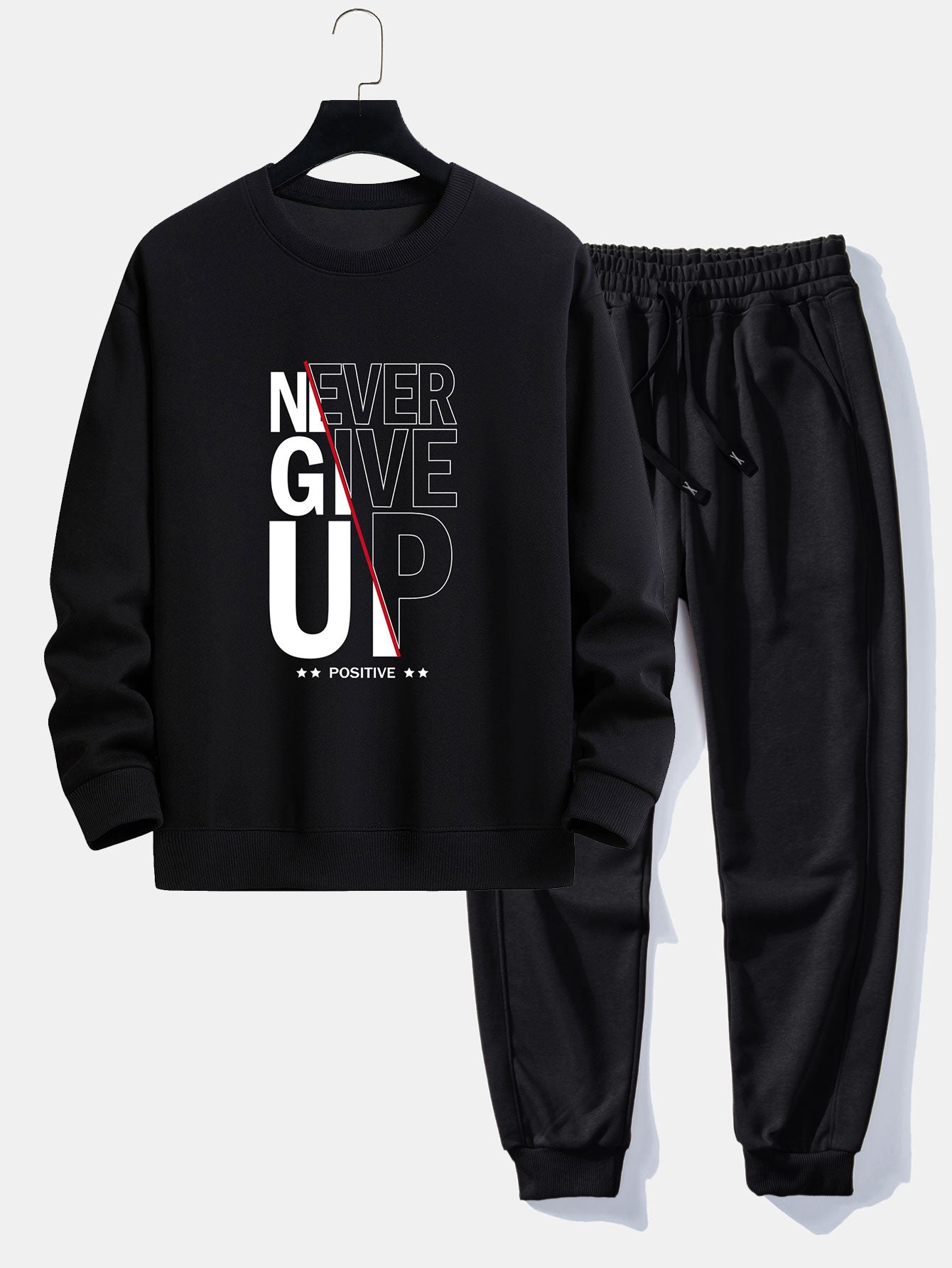 Never Give Up Print Relax Fit Sweatshirt & Basic Jogging Pants