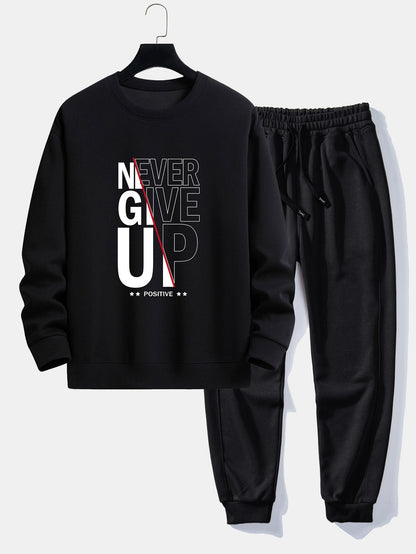 Never Give Up Print Relax Fit Sweatshirt & Basic Jogging Pants