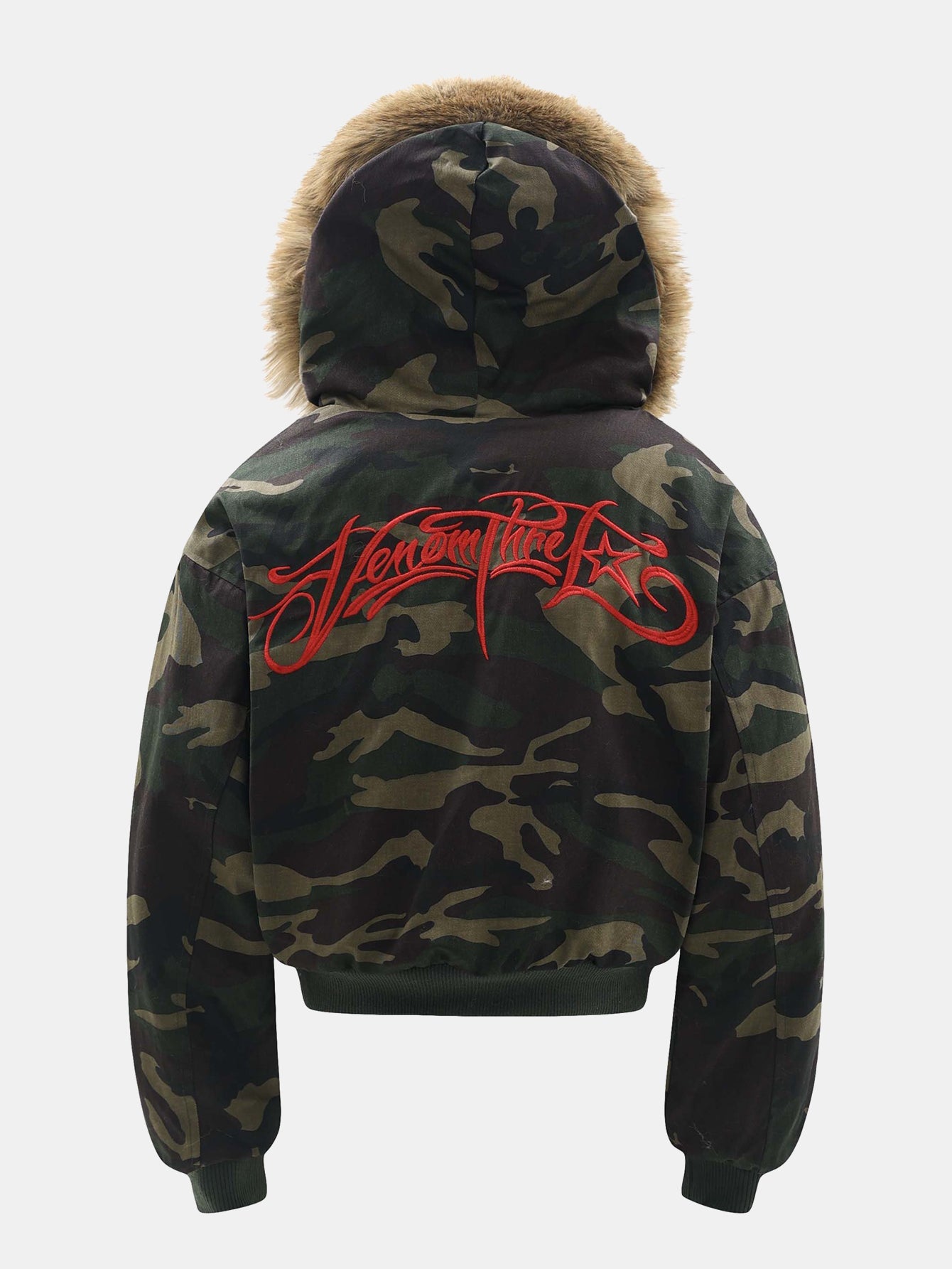 Boxy Camouflage Faux Fur Collar Hooded Jacket