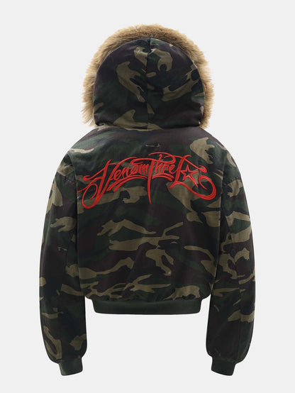 Boxy Camouflage Faux Fur Collar Hooded Jacket