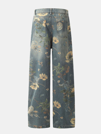 Flower Print Denim Wide Leg Pants