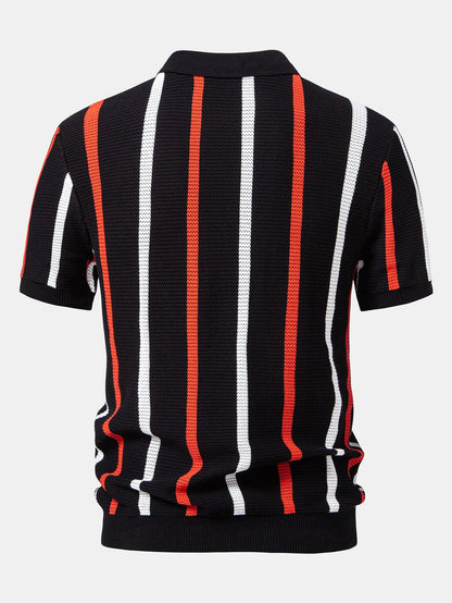 Striped Knit Zip Up Polo Shirt