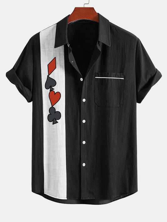 Poker Print Linen Look Contrast Button Up Shirt