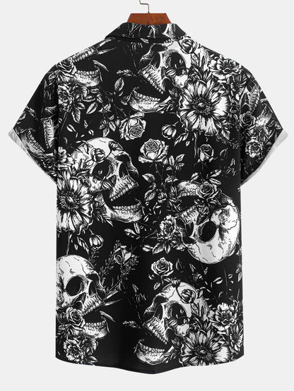 Skull Floral Print Button Up Shirt