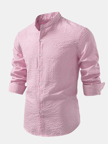Seersucker Striped Stand Collar Shirt