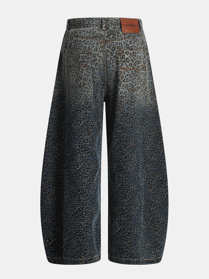 Leopard Print Washed Distressed Denim Baggy Pants