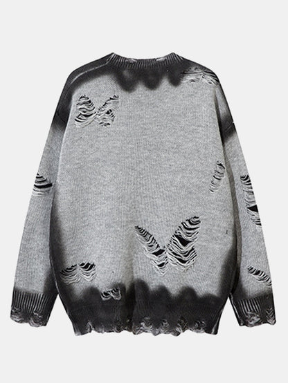 Butterfly Print Distressed Knit Sweater