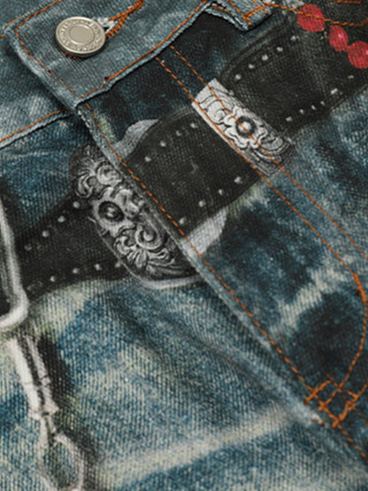 Distressed Chain-Detailed Baggy Denim Jeans