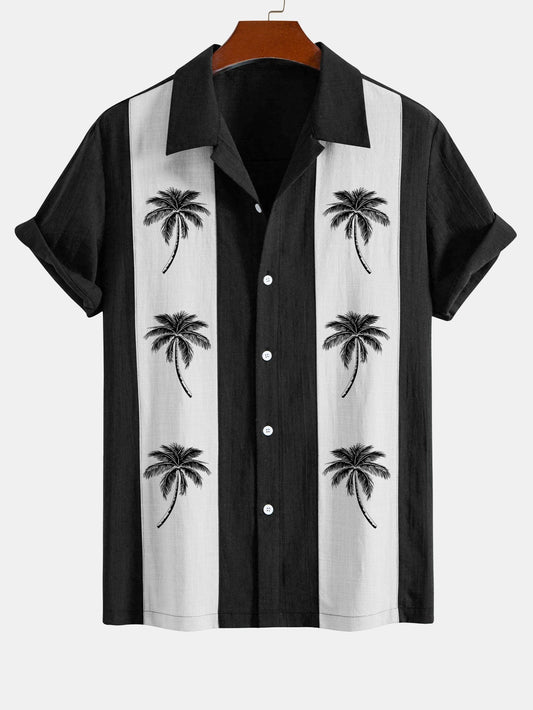 Palm Tree Print Linen Look Patchwork Bowling Shirt