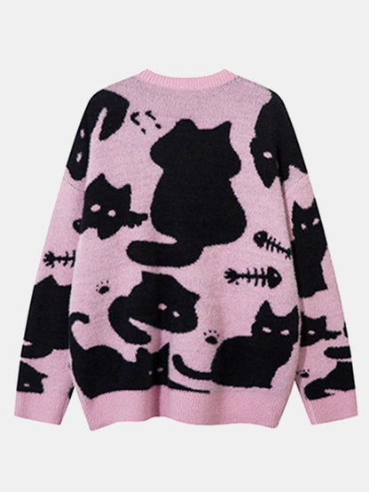 Black Cat Print Knit Sweater
