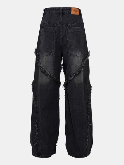 Washed Distressed  Wide-Leg Baggy Denim Pants