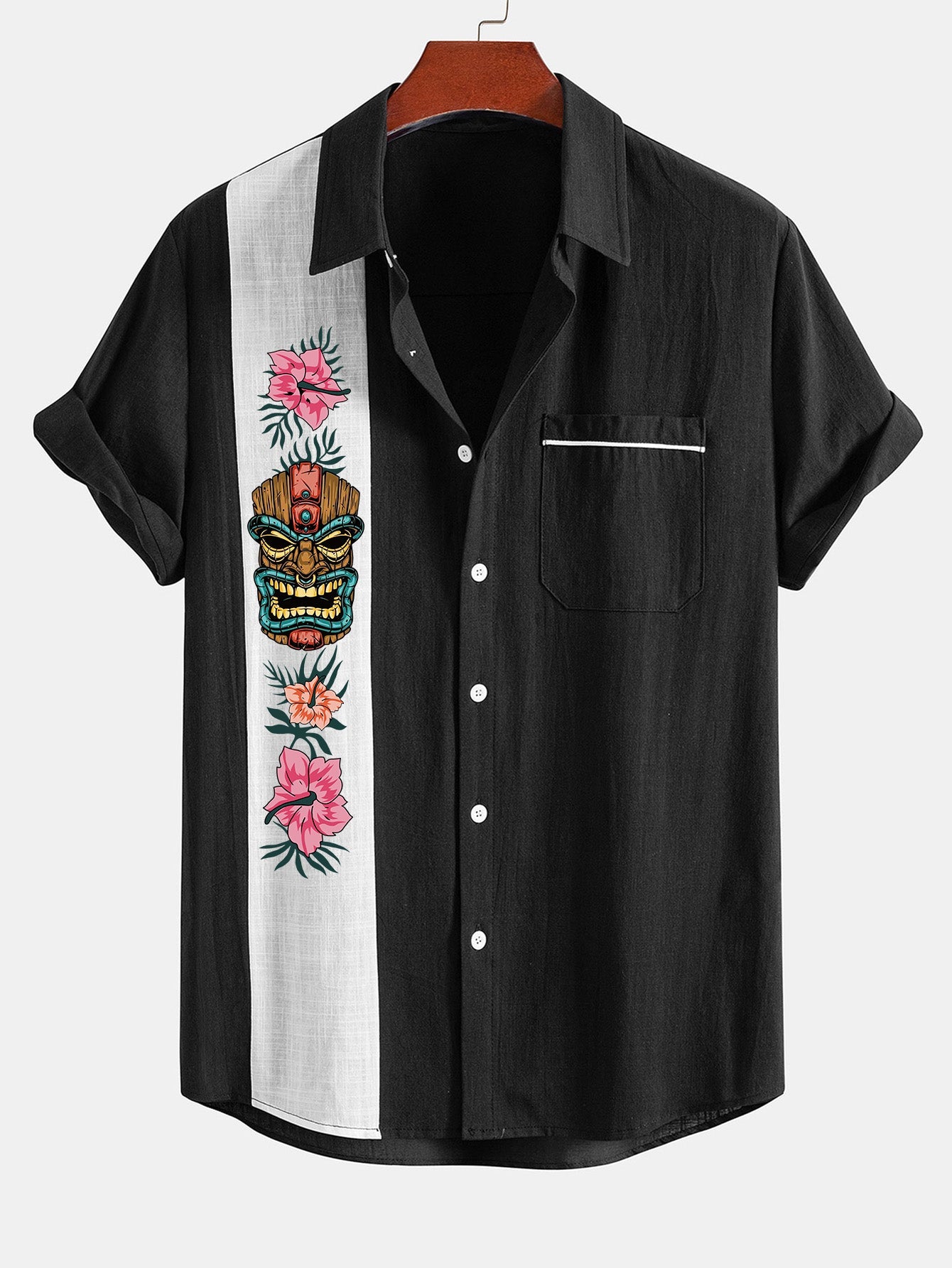 Tiki Tribe Hawaii Print Linen Look Contrast Button Up Shirt