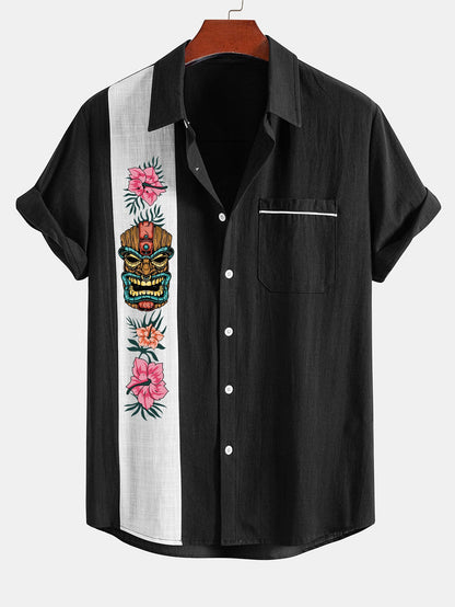 Tiki Tribe Hawaii Print Linen Look Contrast Button Up Shirt