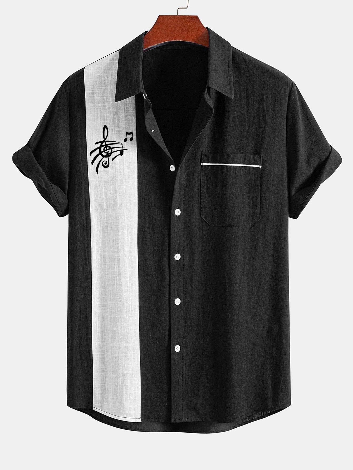 Musical Note Print Linen Look Contrast Button Up Shirt