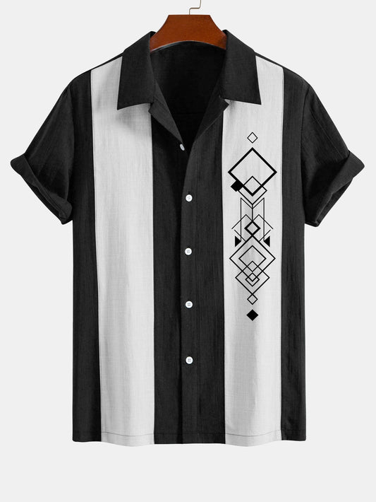 Geometric Rhombus Print Linen Look Patchwork Bowling Shirt