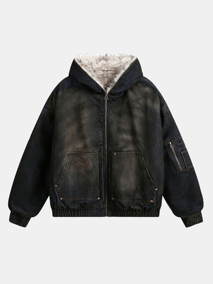 Boxy Faux Fur Collar Washed Denim Hooded Jacket