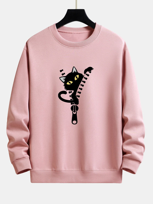 Zipper Black Cat Print Relax Fit Sweatshirt