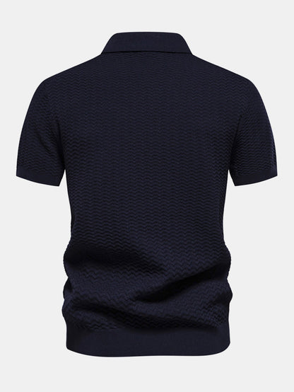 Contrast Textured Jacquard Knit Zip Up Polo Shirt