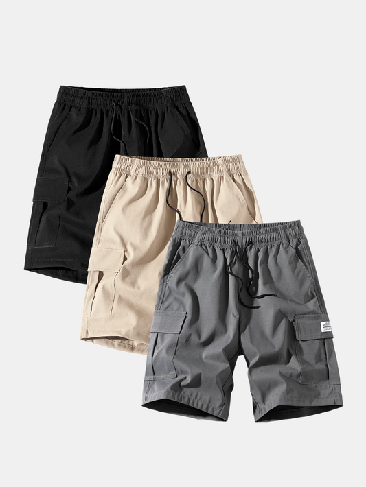 3 Pieces Solid Color Cargo Drawstring Shorts