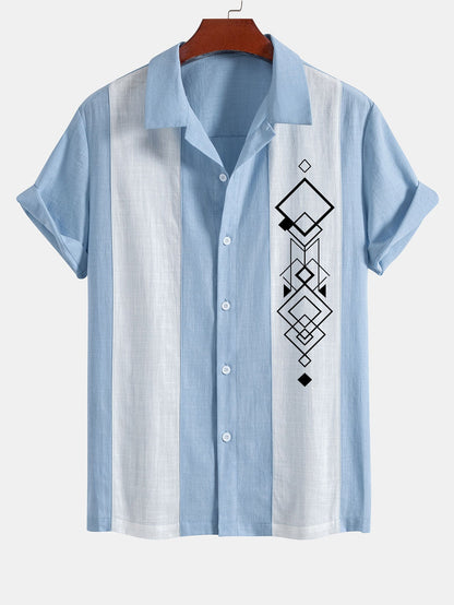 Geometric Rhombus Print Linen Look Patchwork Bowling Shirt