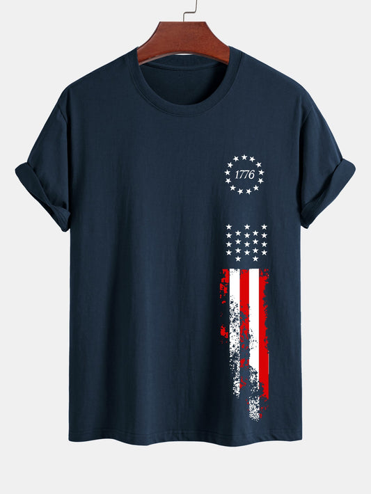 Regular Fit 1776 American Flag Print Cotton T-Shirt