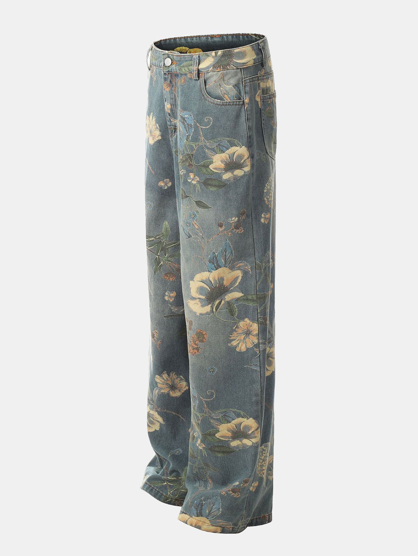 Flower Print Denim Wide Leg Pants