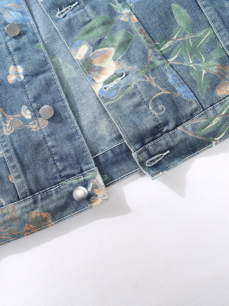 Relax Fit Flower Print Washed Denim Jacket