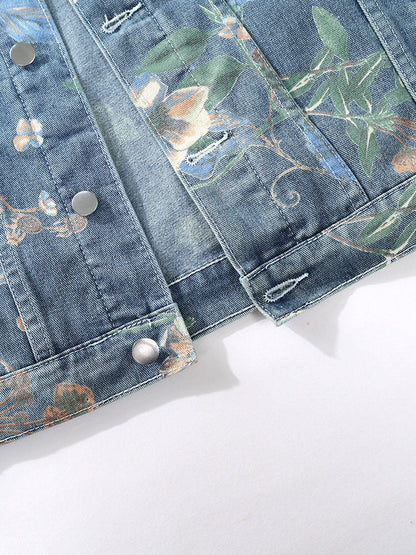 Relax Fit Flower Print Washed Denim Jacket