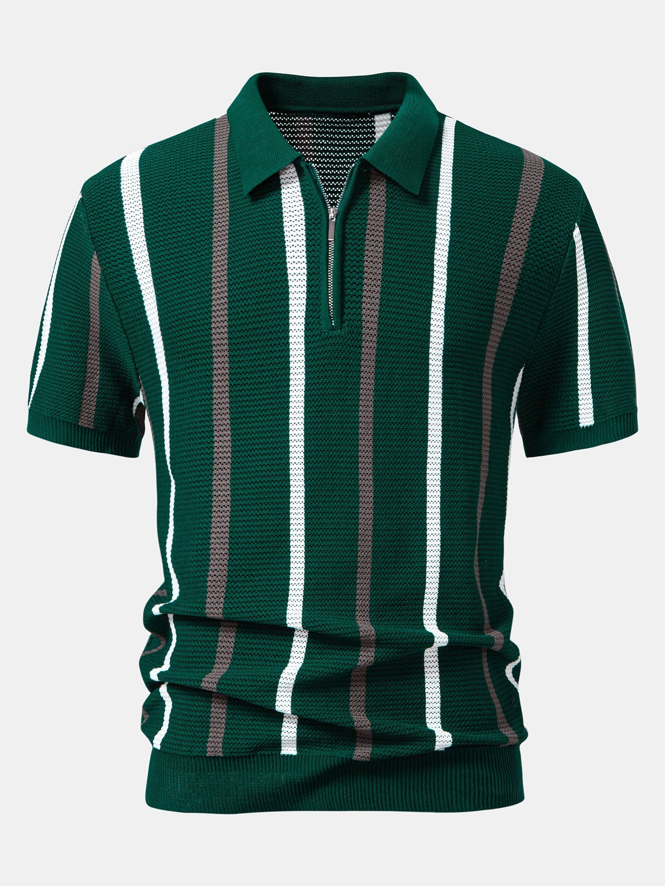 Striped Knit Zip Up Polo Shirt
