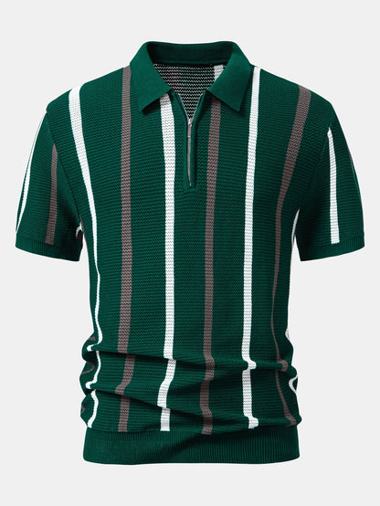 Striped Knit Zip Up Polo Shirt