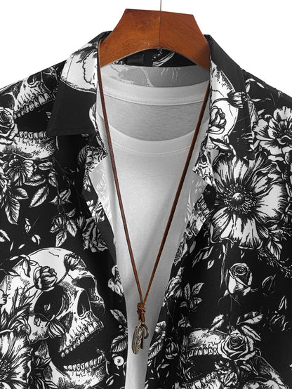 Skull Floral Print Button Up Shirt