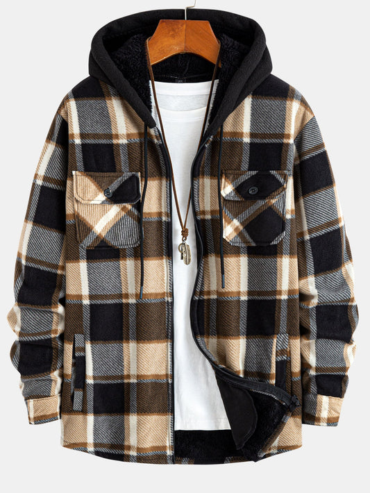 Flannel Fleece Lined Zip Up Hooded Shirt