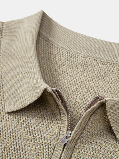 Textured Zip Up Knit Polo Shirt