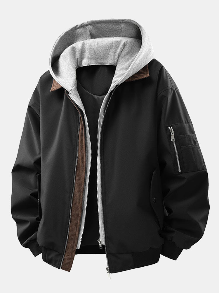 Relax Fit Contrast Corduroy Bomber Jacket With Detachable Hood