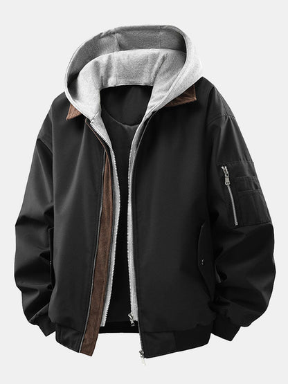 Relax Fit Contrast Corduroy Bomber Jacket With Detachable Hood