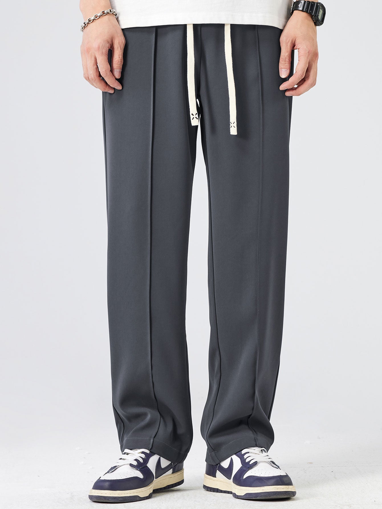 Single Pleat Drawstring Straight Leg Pants