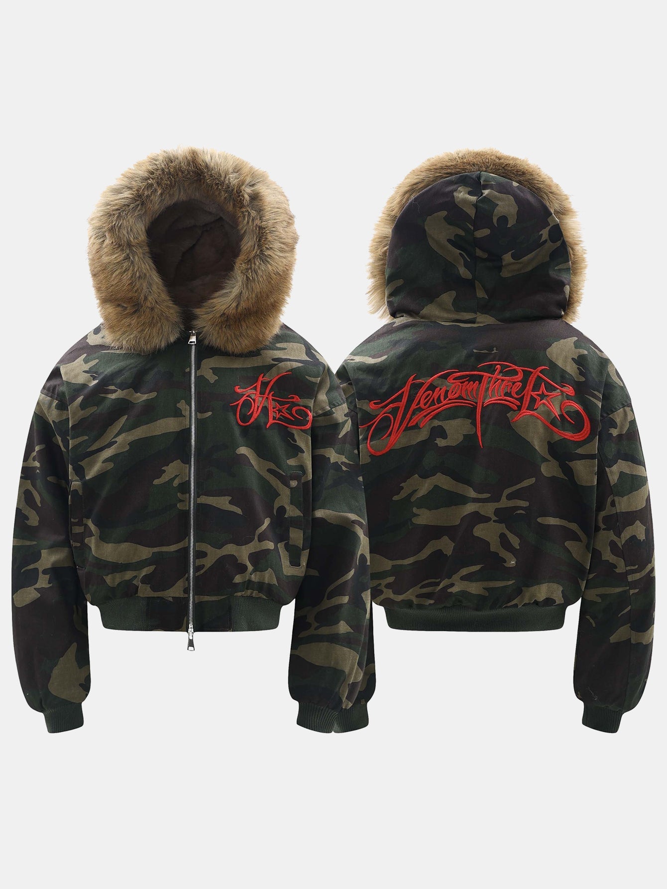 Boxy Camouflage Faux Fur Collar Hooded Jacket