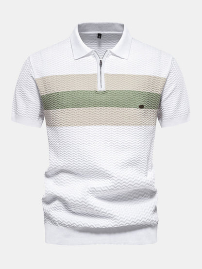 Contrast Textured Jacquard Knit Zip Up Polo Shirt