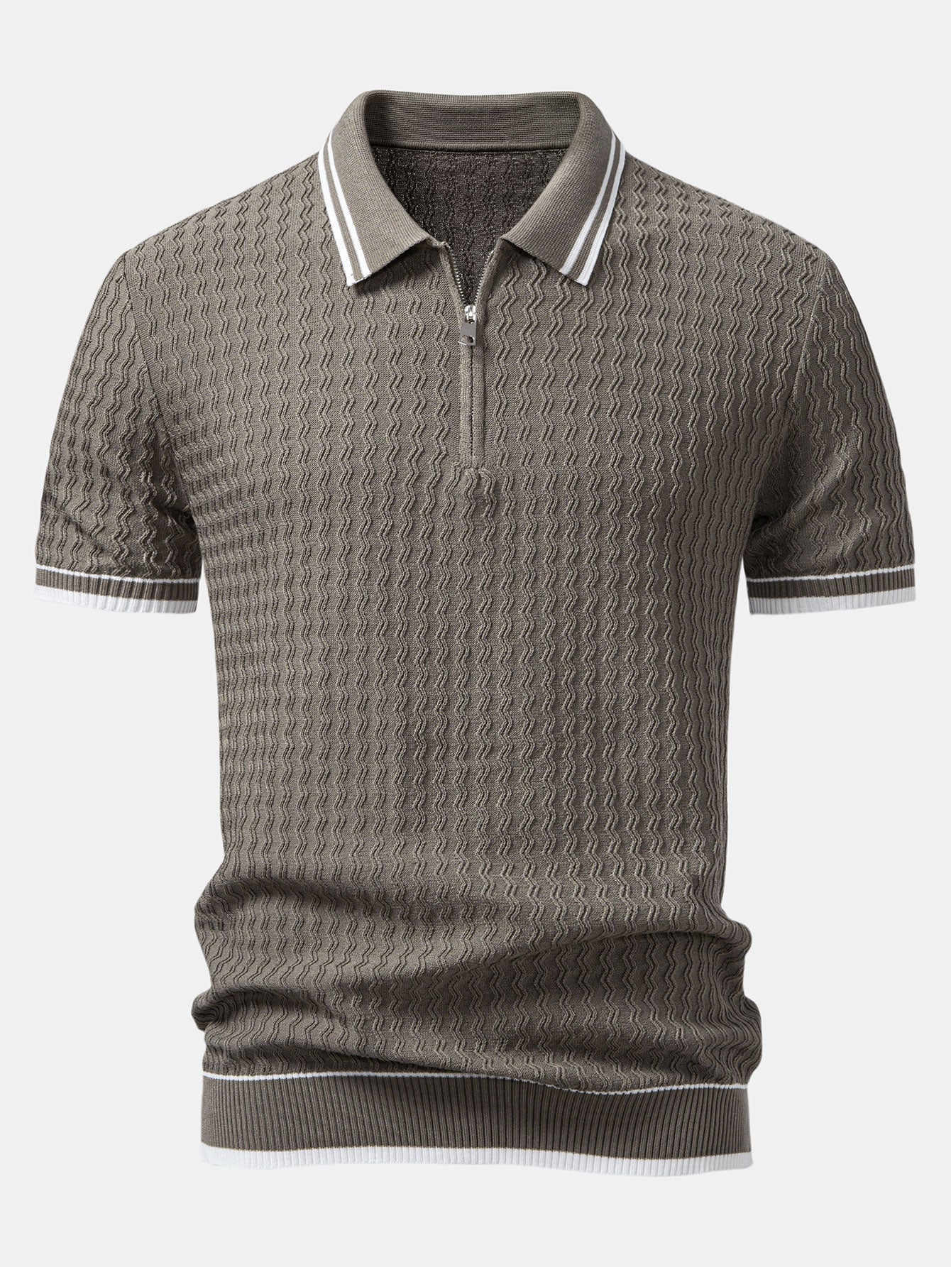 Wave Jacquard Zip Up Knitted Polo Shirt