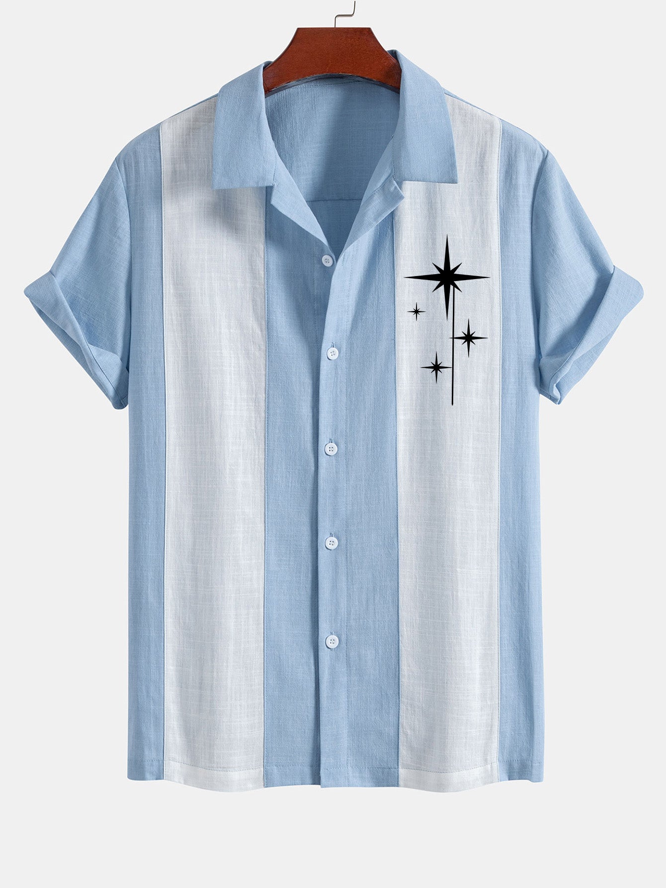 Mid Century Starbursts Print Linen Look Patchwork Bowling Shirt