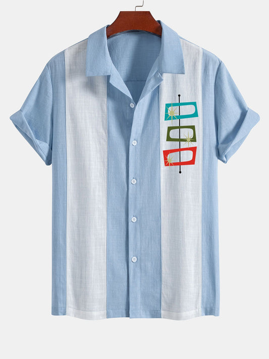 Atomic Print Linen Look Patchwork Bowling Shirt