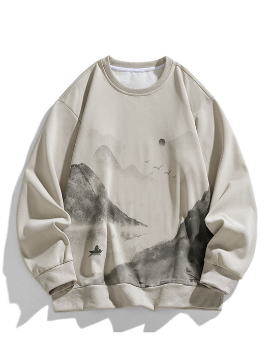 Ink Landscape Print Crew Neck Sweatshirt