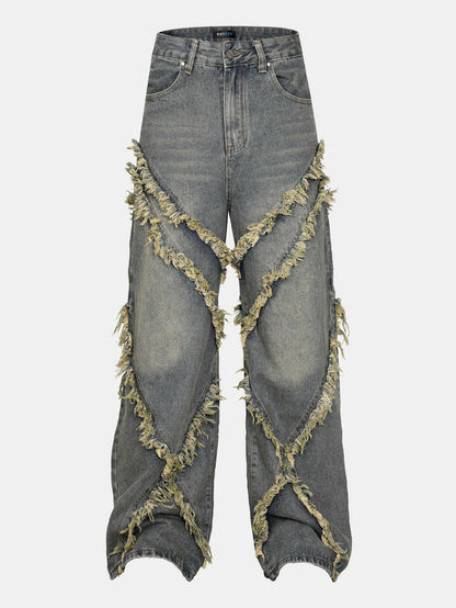 Washed Distressed  Wide-Leg Baggy Denim Pants
