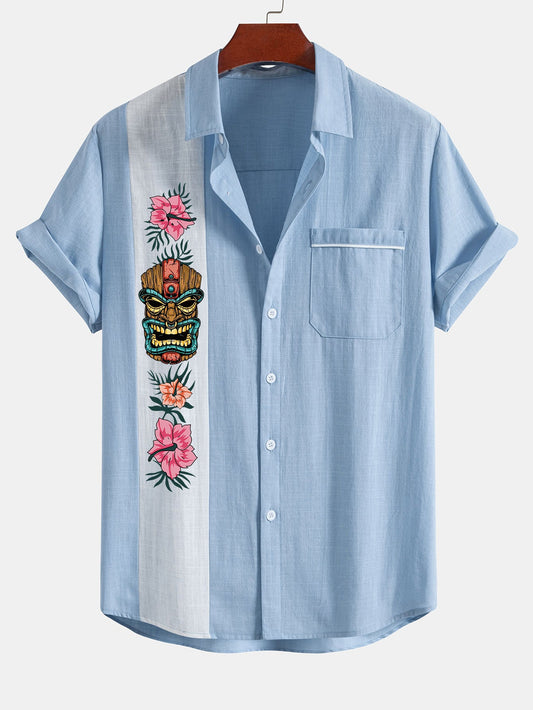 Tiki Tribe Hawaii Print Linen Look Contrast Button Up Shirt