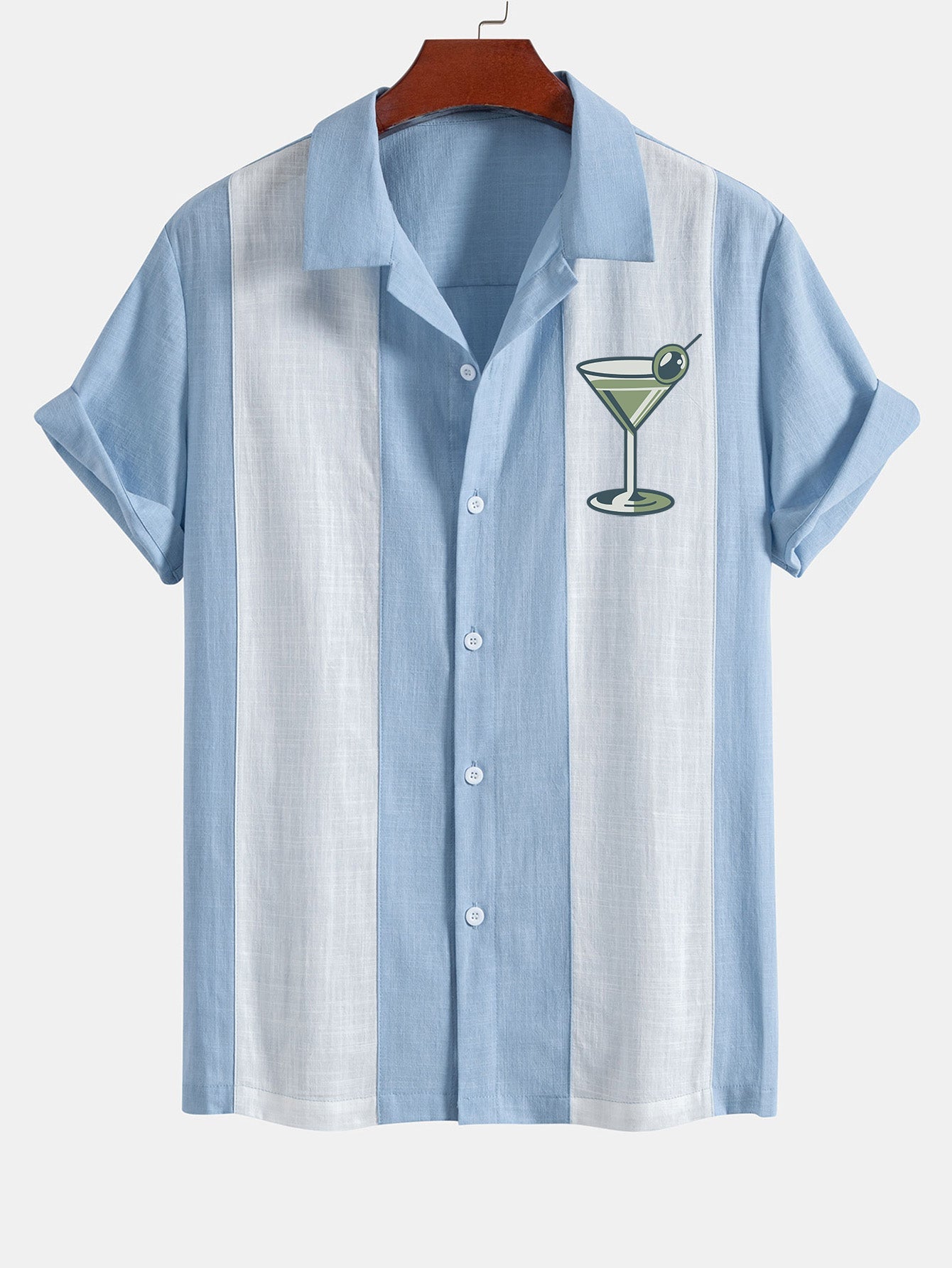 Vintage Martini Cocktail  Print Linen Look Patchwork Bowling Shirt