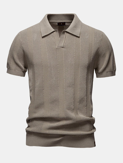 Stripe Hollow Knit V Neck Polo Shirt