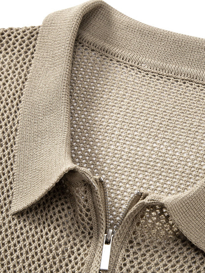Eyelet Zip Up Knit Polo Shirt