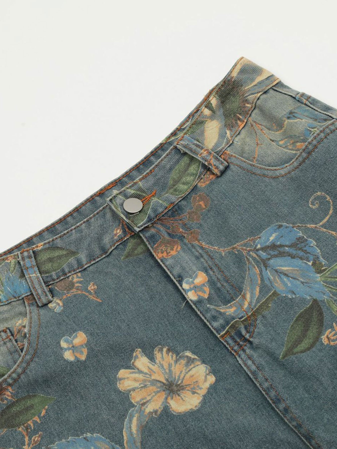 Flower Print Denim Wide Leg Pants